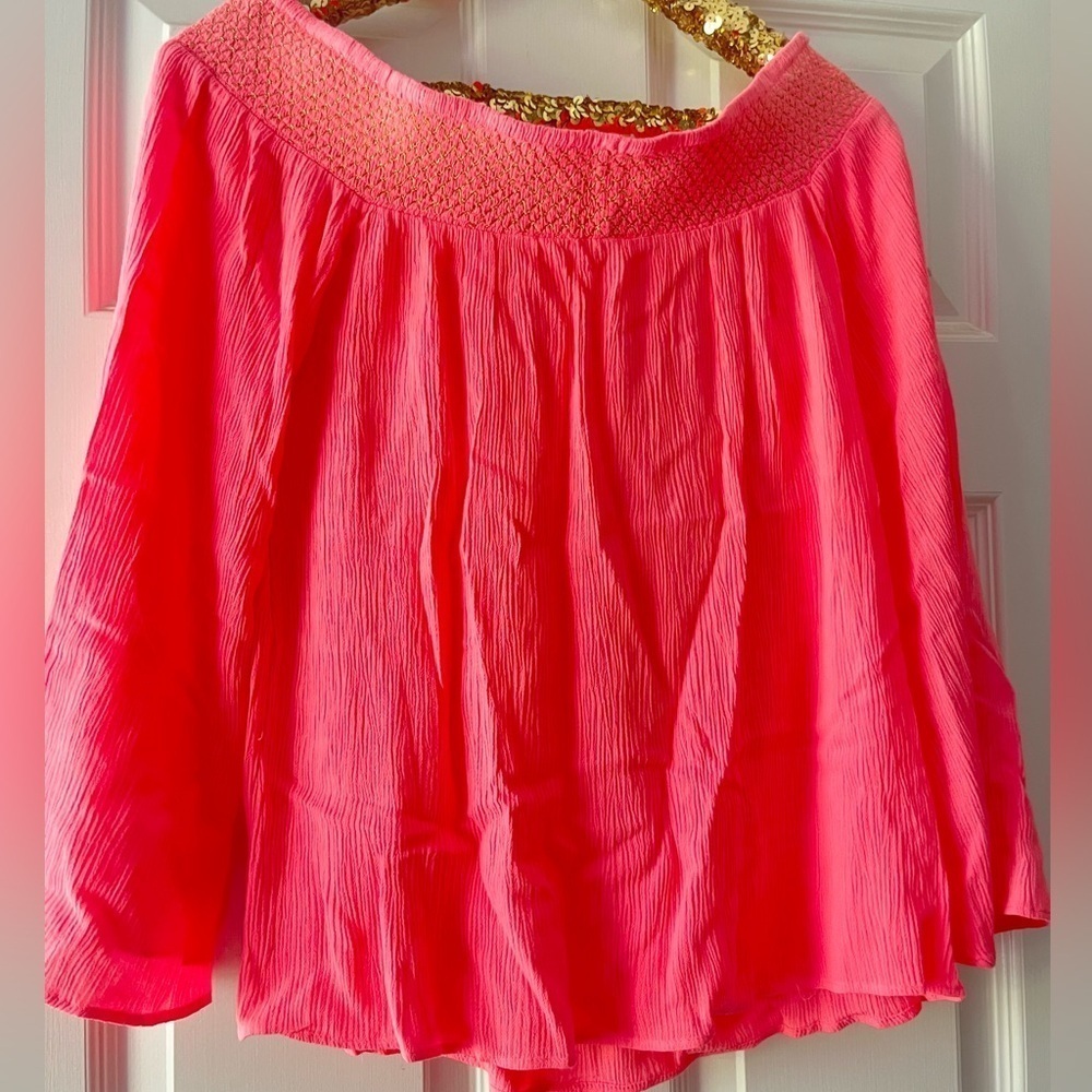 Lilly Pulitzer Off the Shoulder Katya Top Hot Coral Gold Stitching Sz Small